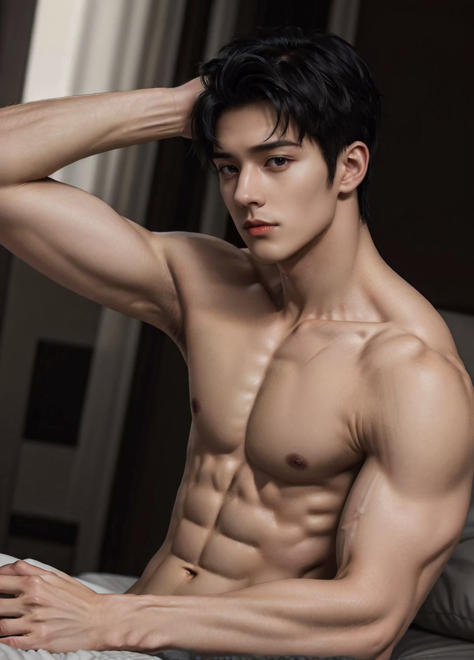 05474-3778756294-(topless_1.3), toned, male focus, (one arm behind head), _(head turned, looking at viewer_1.5), _(messy hair, black hair_1.5), _.png